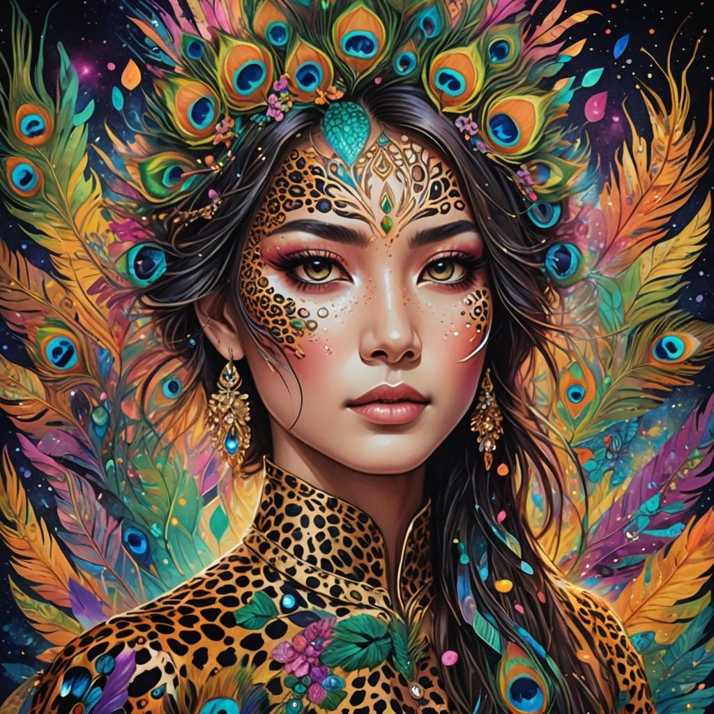 Leopard Print Woman with Peacock Feathers