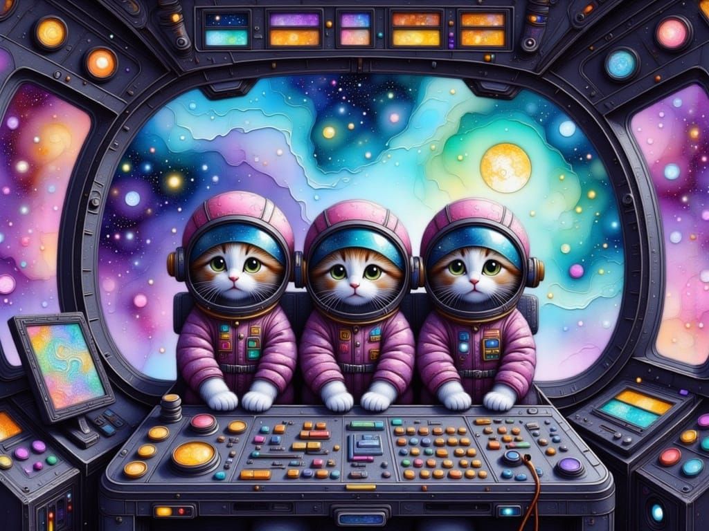 Whimsical Astronaut Kittens Explore Cosmic Nebula