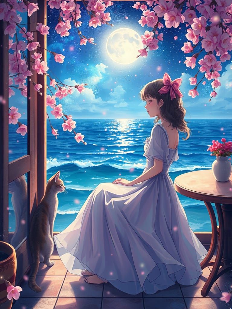 Dreamy Seaside Girl with Cherry Blossoms and Cat in Vibrant ...