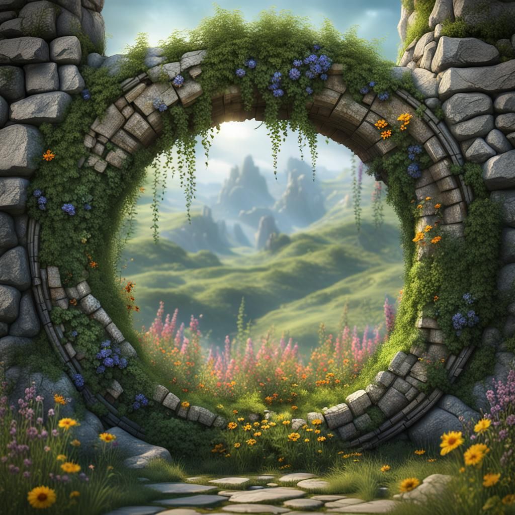 A photo of a (druid),distorted perspective,seen through an weathered, cracked,annular stone wall adorned with wild flowe...