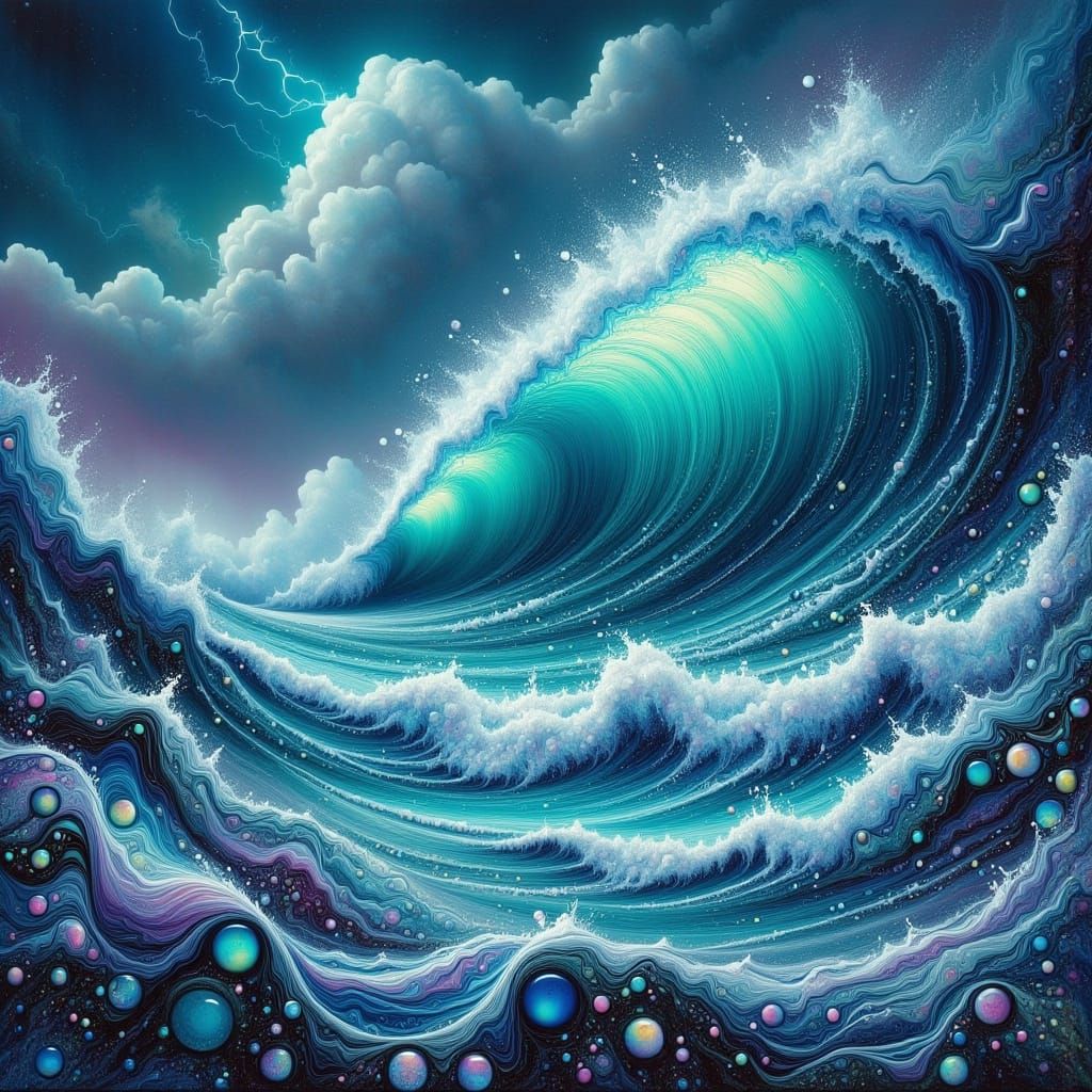 Turquoise Tsunami in a Futuristic Stormy Sea