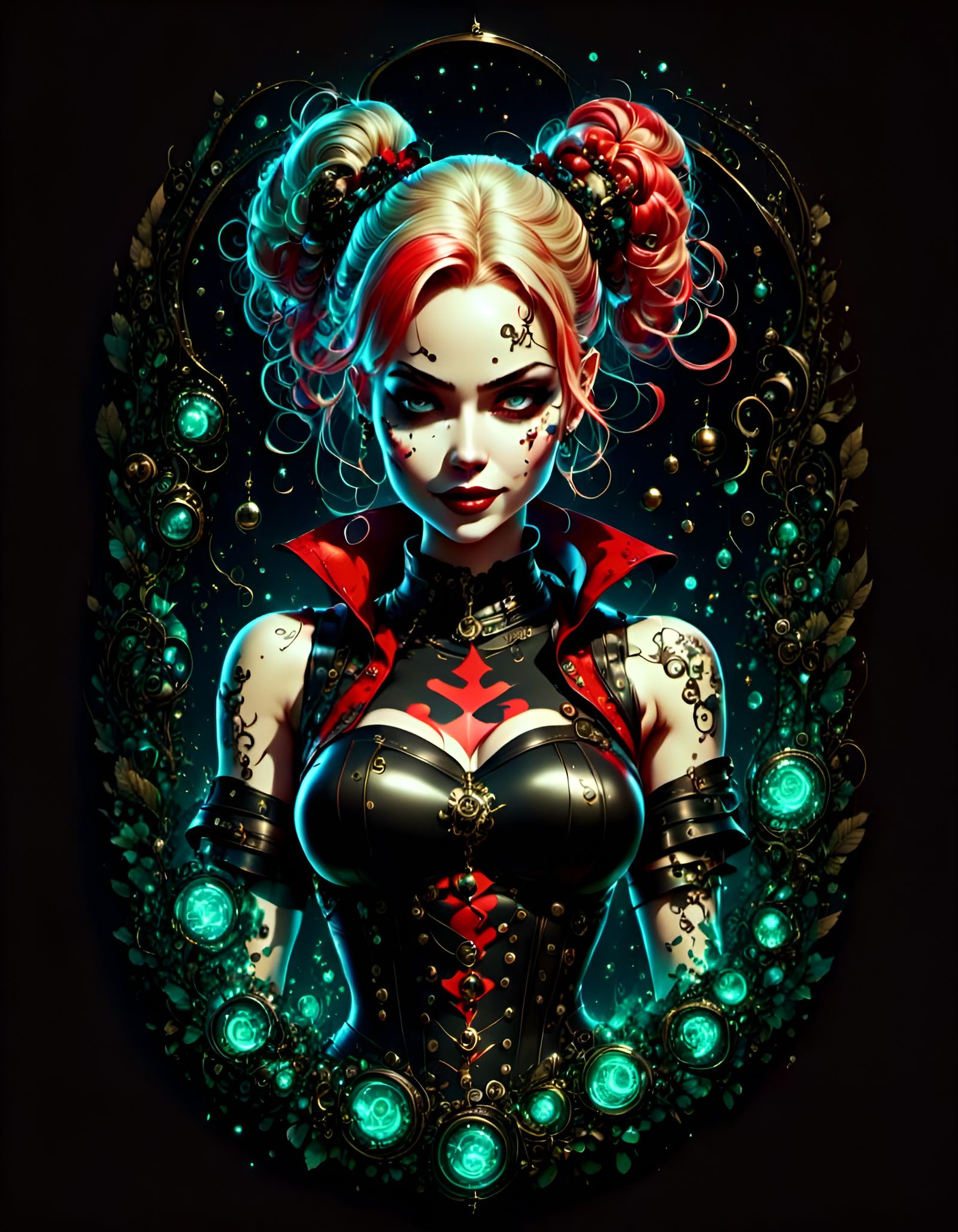 Steampunk Harley Quinn Portrait with Bioluminescent Ornament