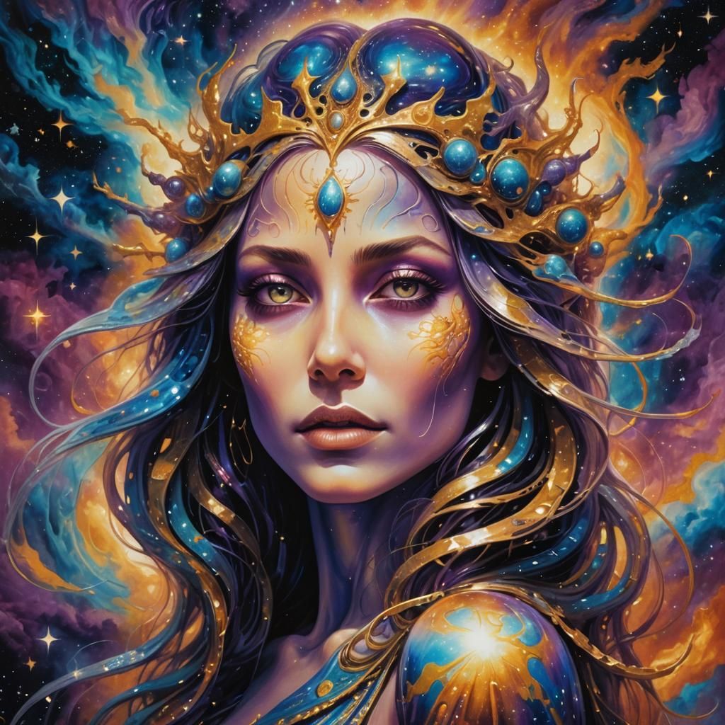 Goddess Floating in Starry Universe: Cosmic Surrealism
