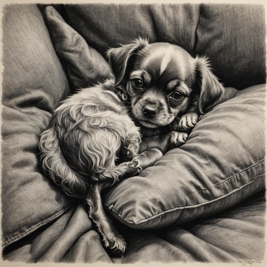 Hyperdetailed Charcoal Drawing of a Dog on Pillow