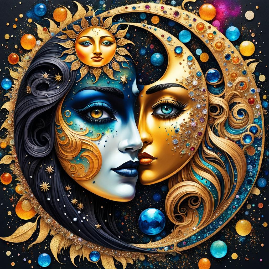 Yin Yang Sun and Moon in Klimt Graffiti Style