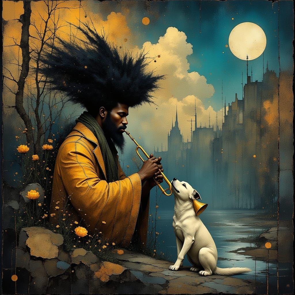 Poor dog. Skewered by a trumpet. At least he is enjoying the music 😄🎶