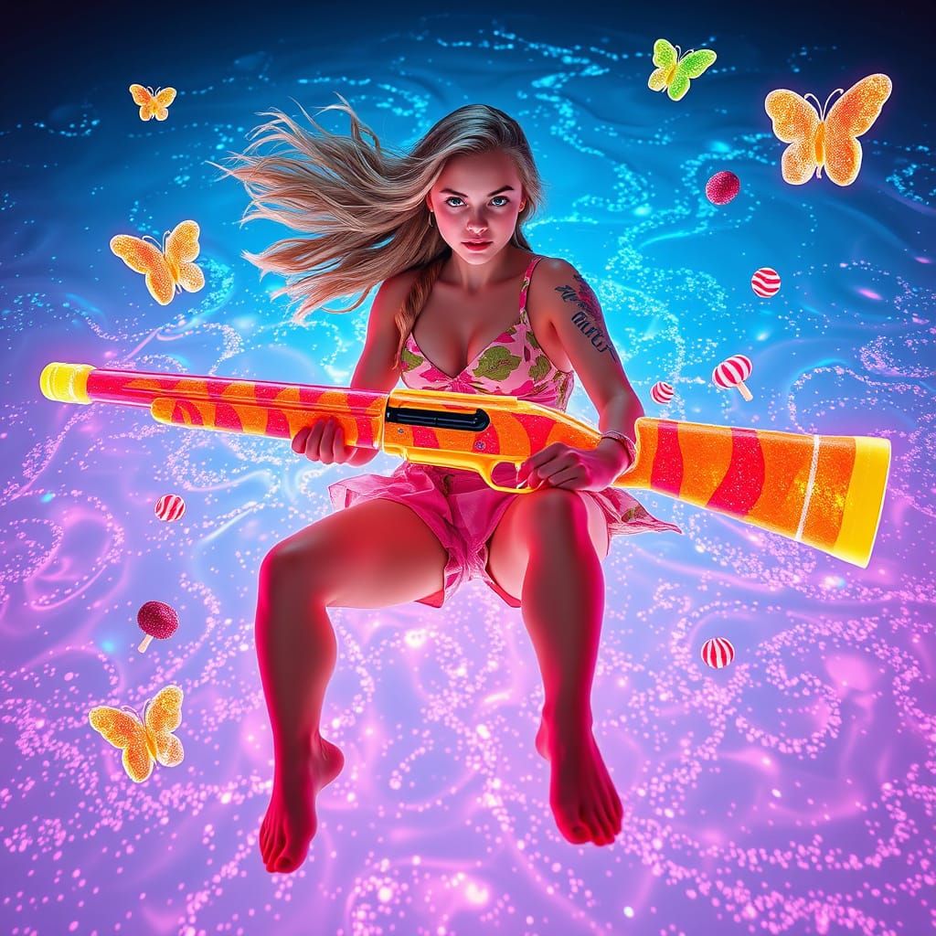 Woman with Gummy Shotgun on Soda Ocean