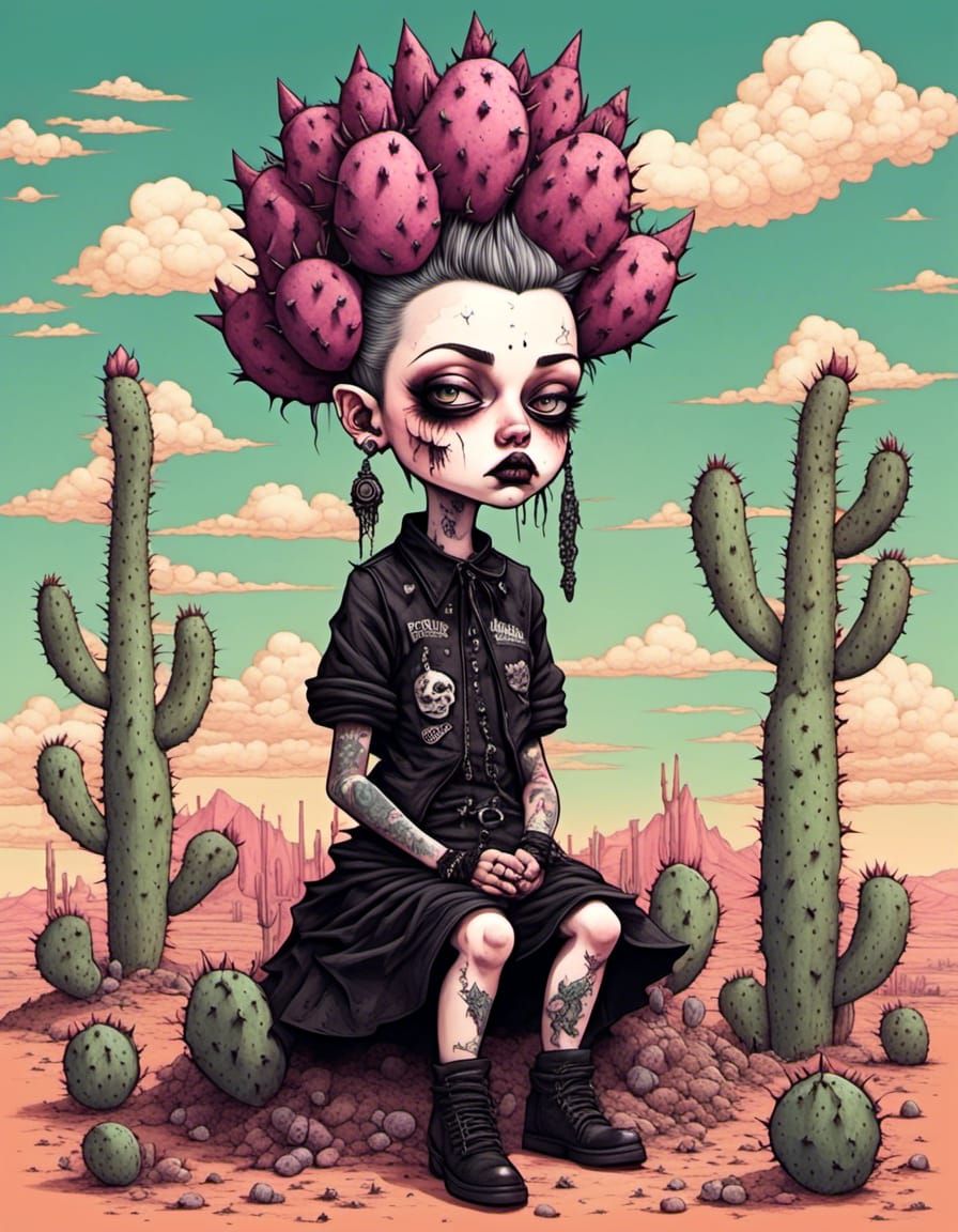 A Witchpunk-Style Desert Scene with a Prickly Pear Cactus