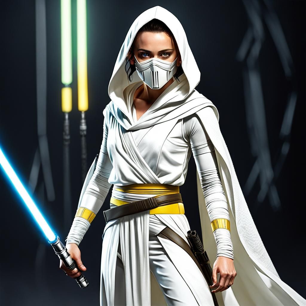 Rey Skywalker in White with Yellow Lightsaber