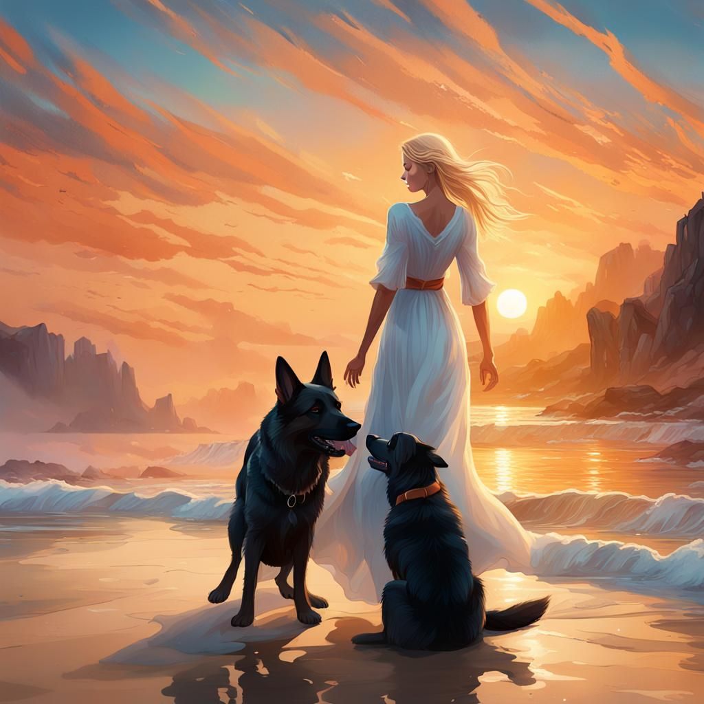 Woman and Dog on Beach in Dreamy Concept Art