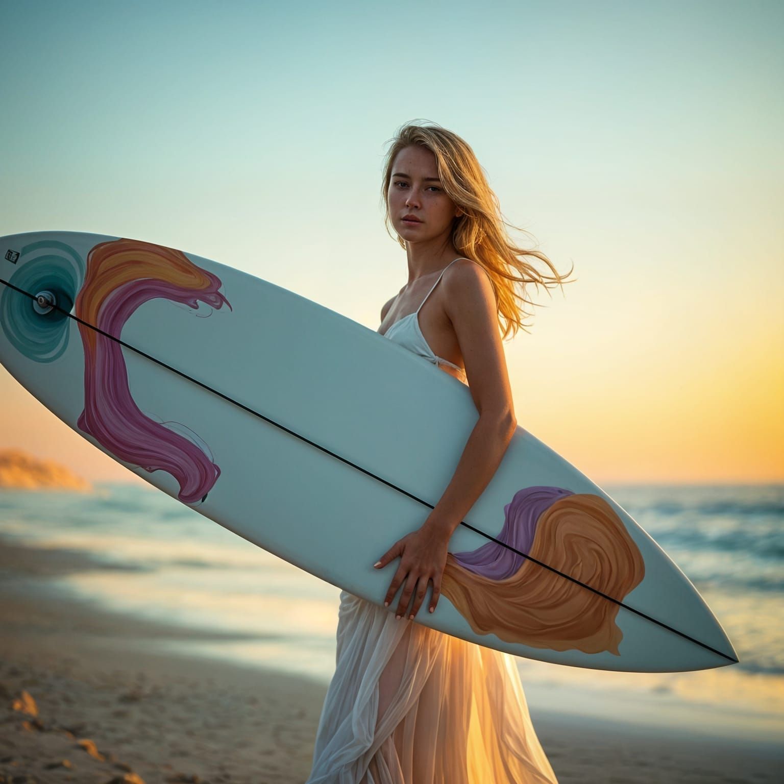 Dreamy Beach Photo of Woman with Kandinsky Surfboard