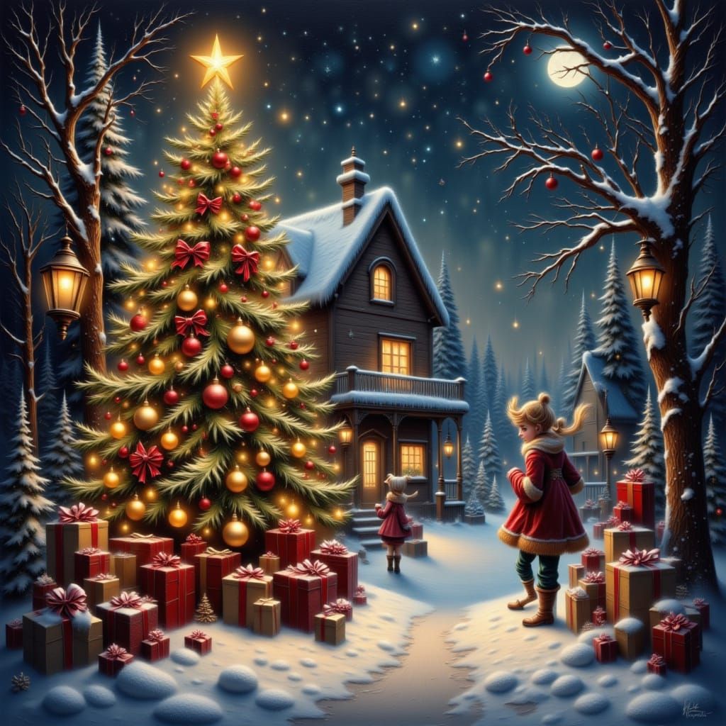 Cinematic Christmas Night Scene with Snowy Atmosphere