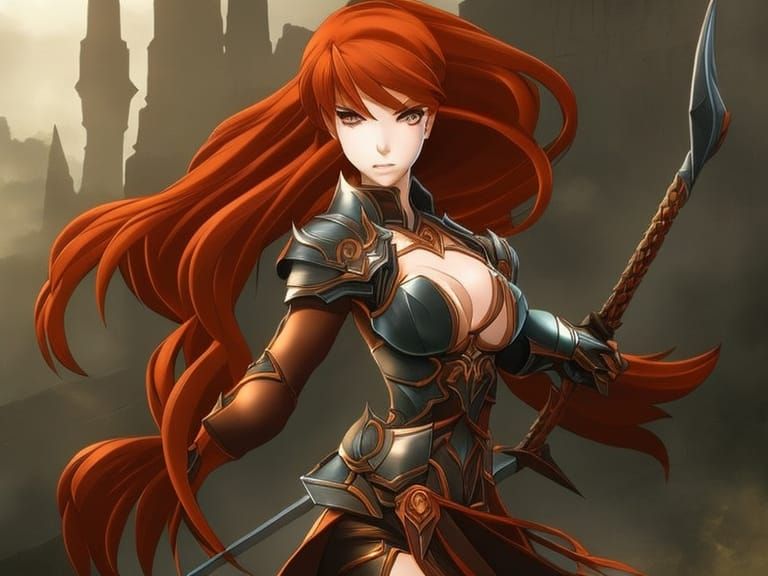 Redhead Anime Warrior in Overgrown Ruins