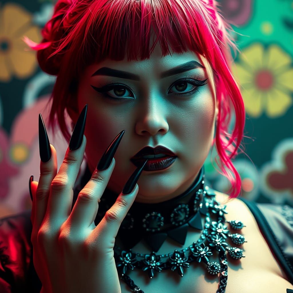 Gothic Japanese Woman with Rhinestone Nails