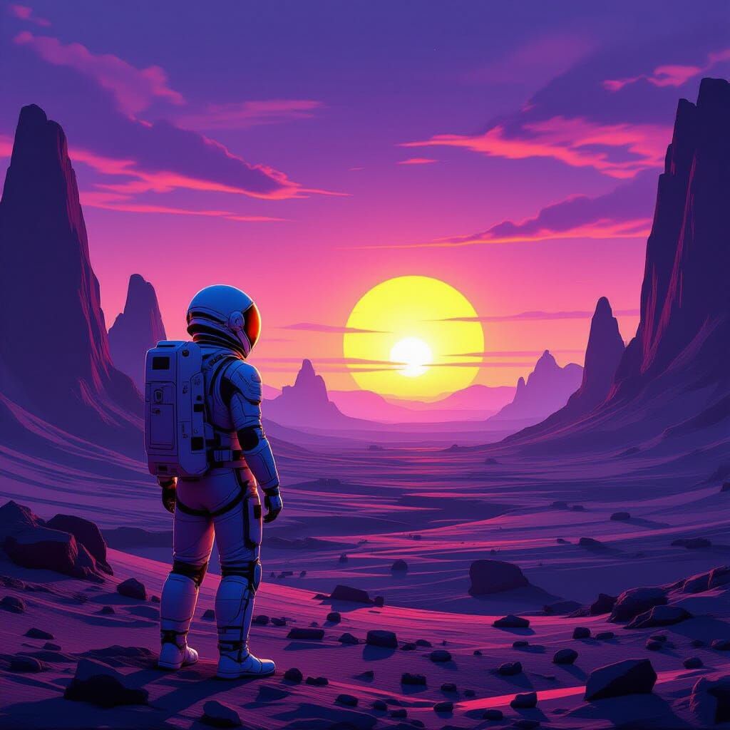 Astronaut Gazes at Binary Sunset on Alien World