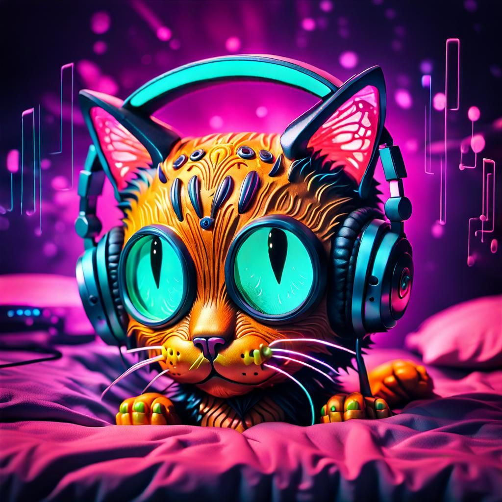 Synthwave Cat with Headphones: Retro Anime Style