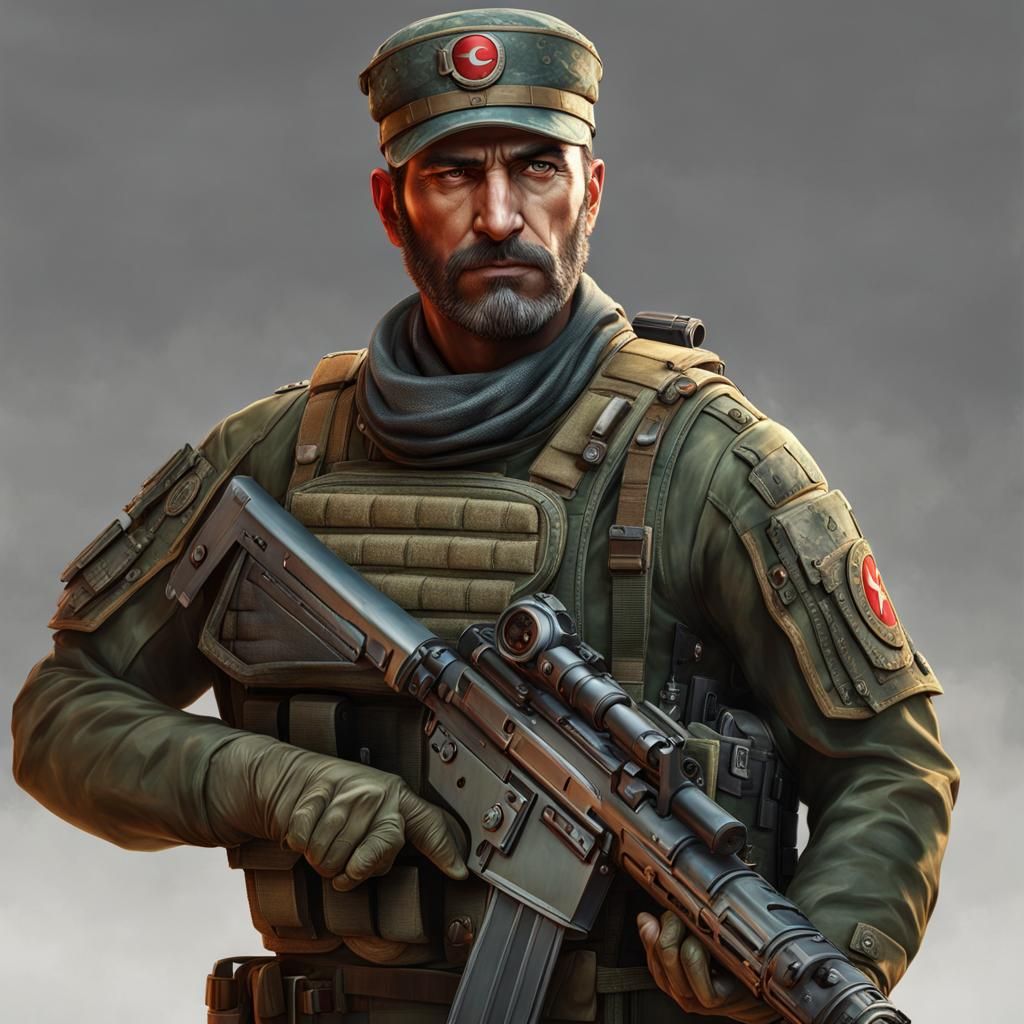Imposing Turkish Soldier Portrait in Digital Art Style