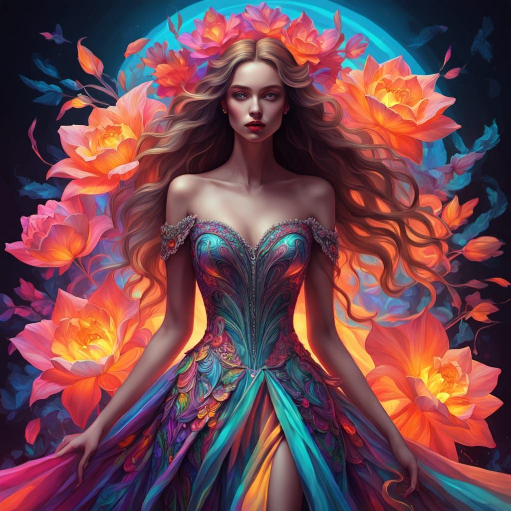 Sensual Fantasy Beauty in Vibrant Neon Gown