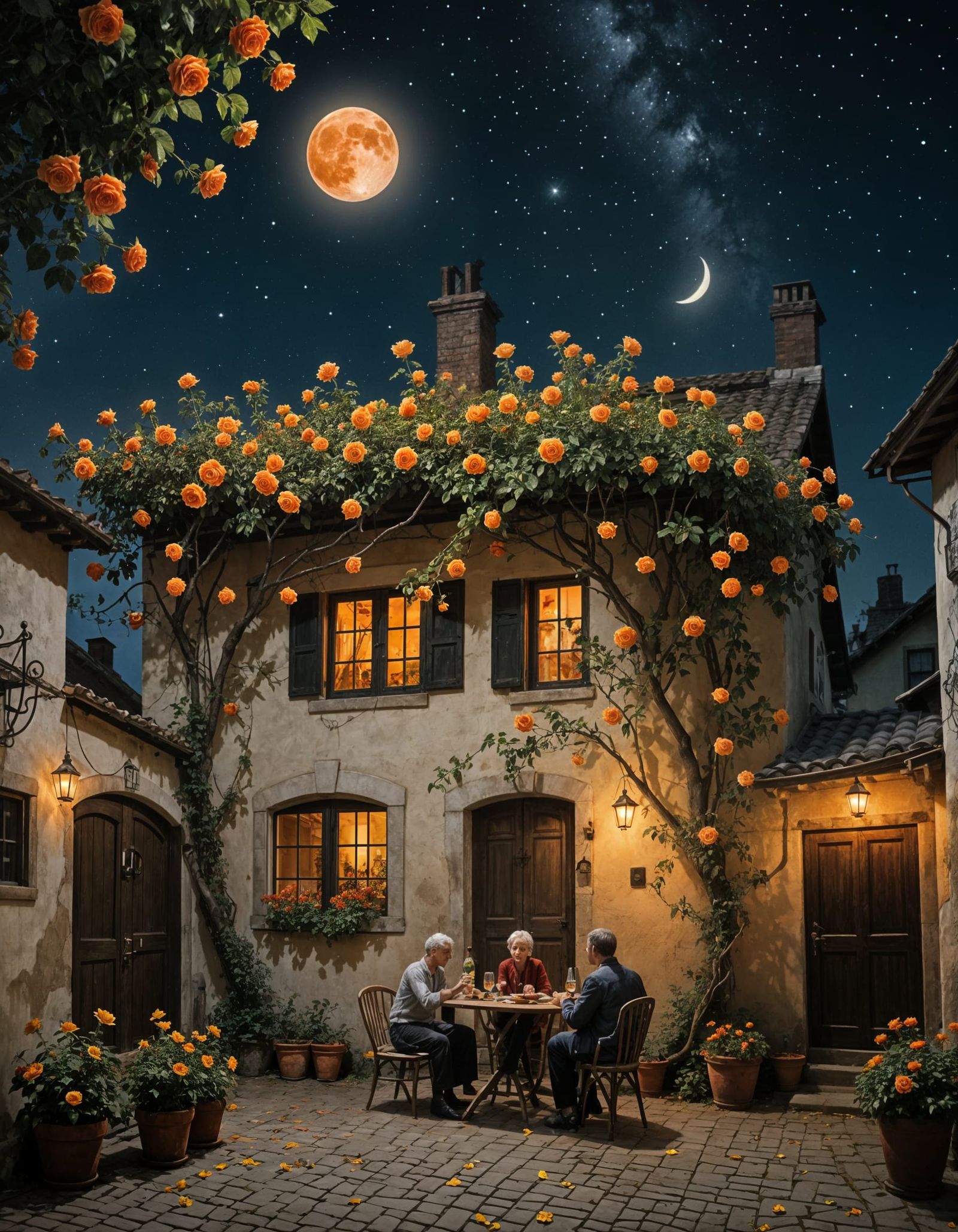 Wine Under the Rose Tree at Night