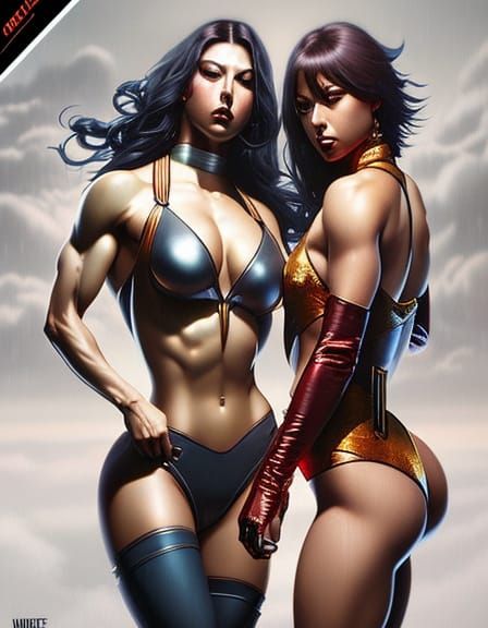 Muscular Female Couple in Dark Sci-Fi Style