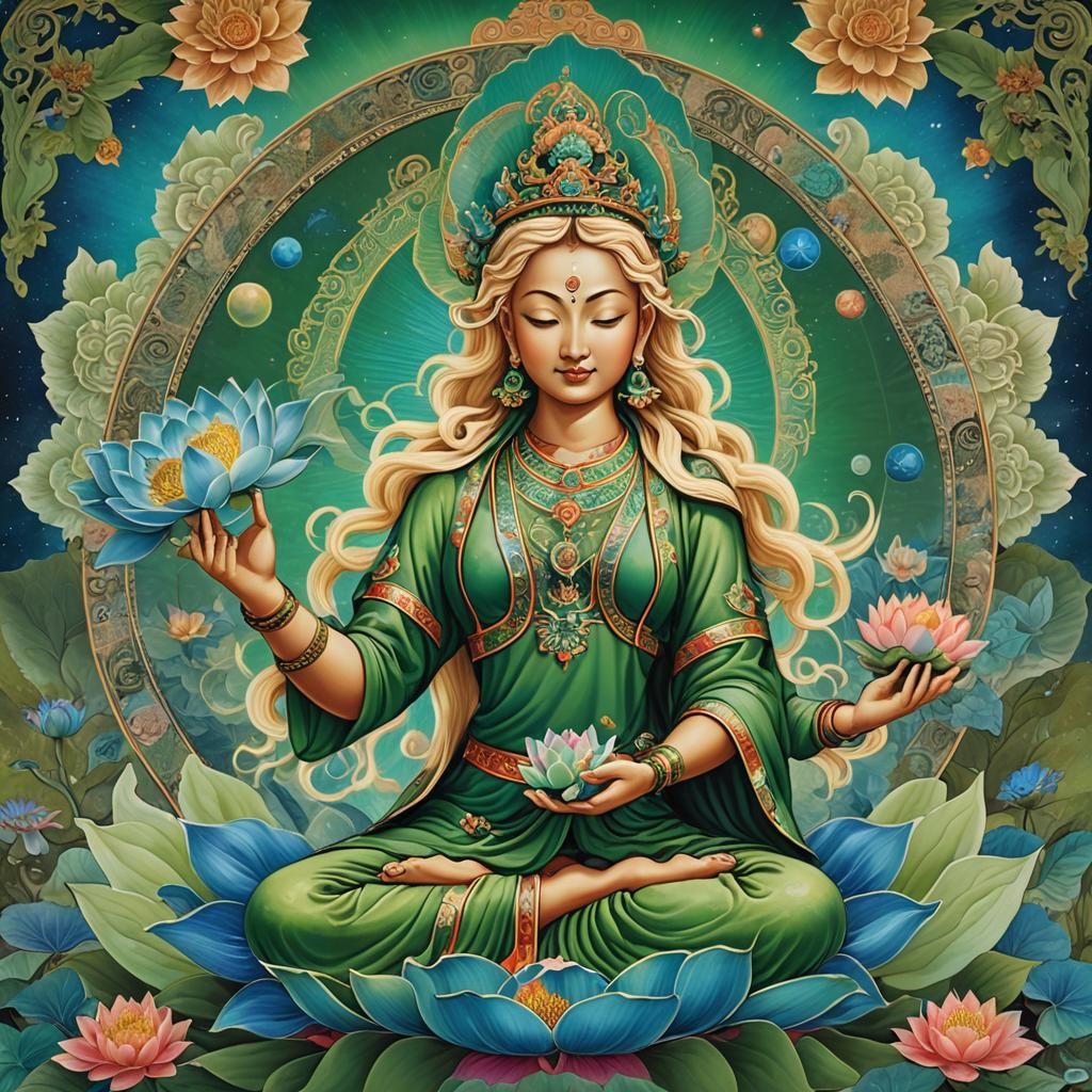 Green Tara in Tibetan Thangka Style