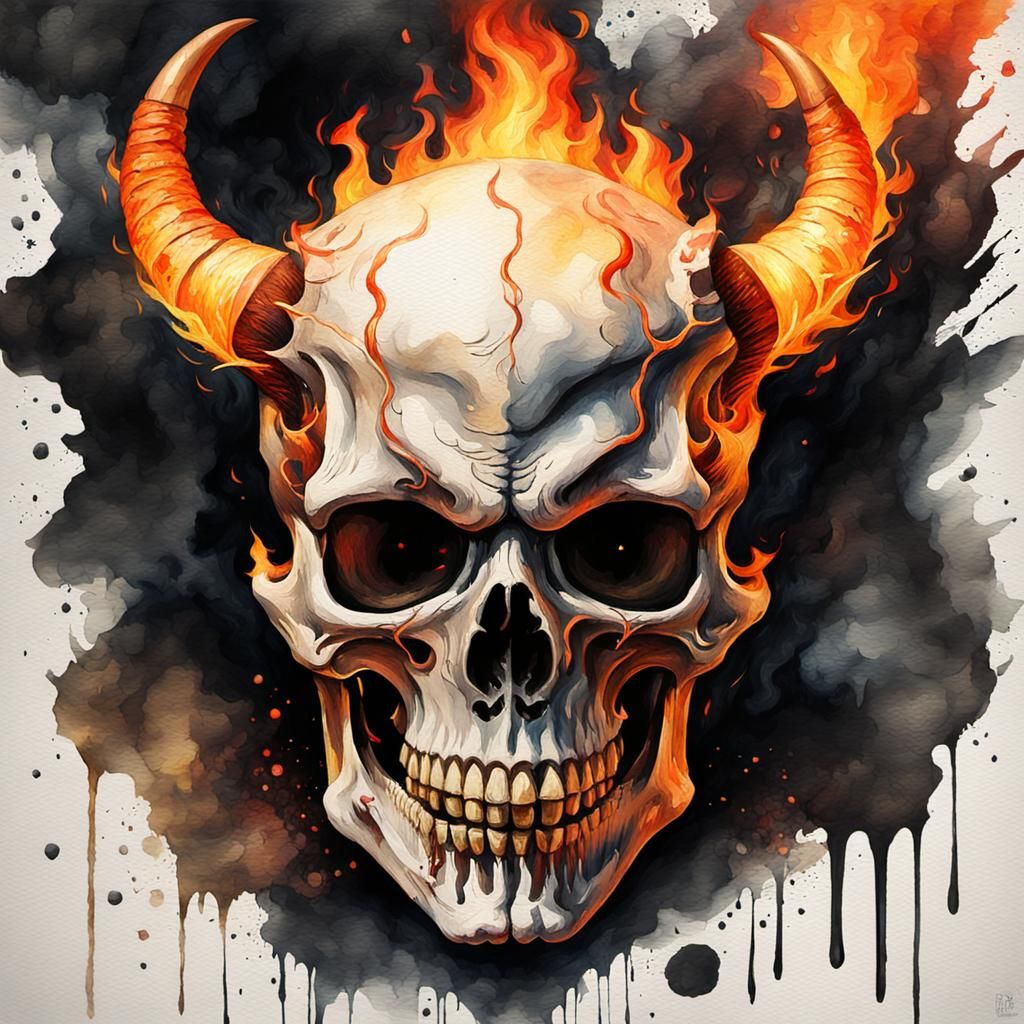 Fiery Demon Skull: Grotesque Gothic Impressionist Art