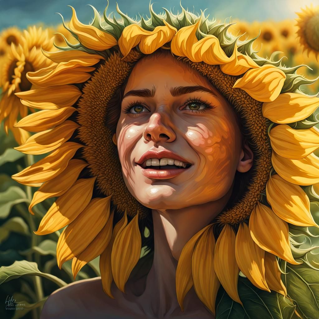 Sunflower Field with Human Faces and Scarecrow