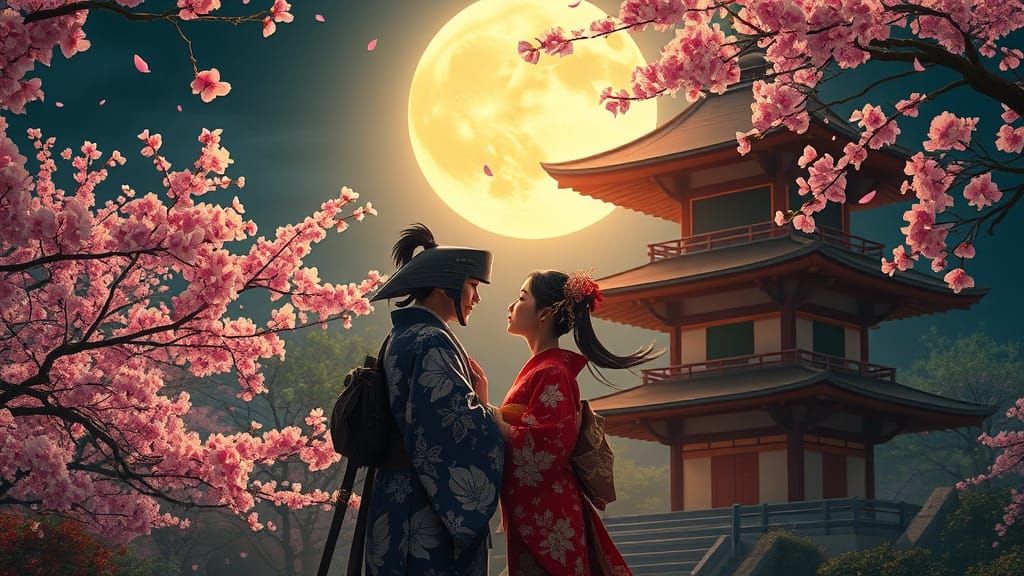 Romantic Samurai and Geisha Kiss Under Cherry Blossoms