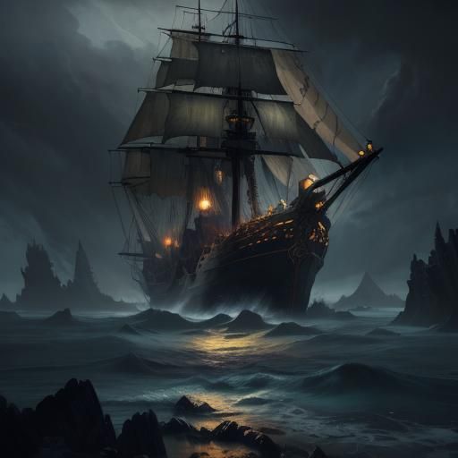 A 1700's Sail ship with lanterns glowing the decks.