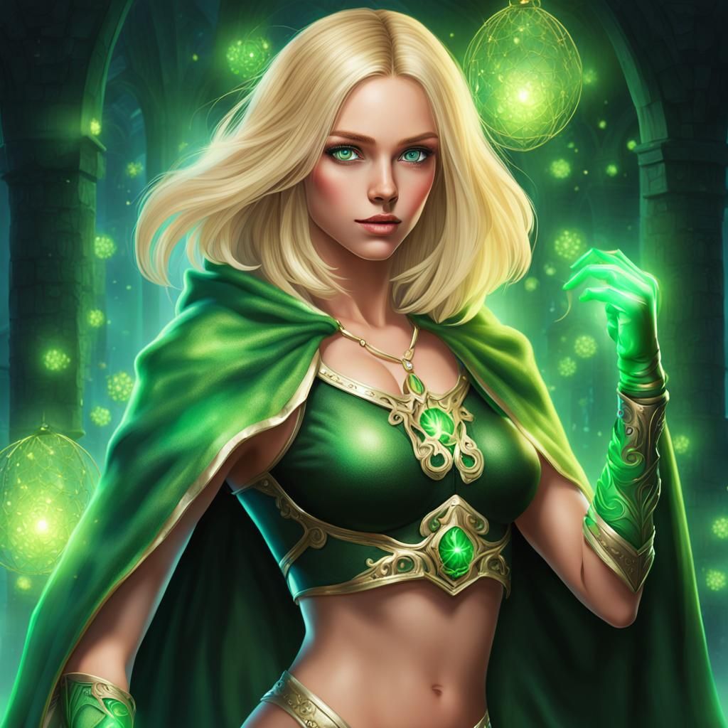 Beautiful Woman with Glowing Gloves and Blonde Hair