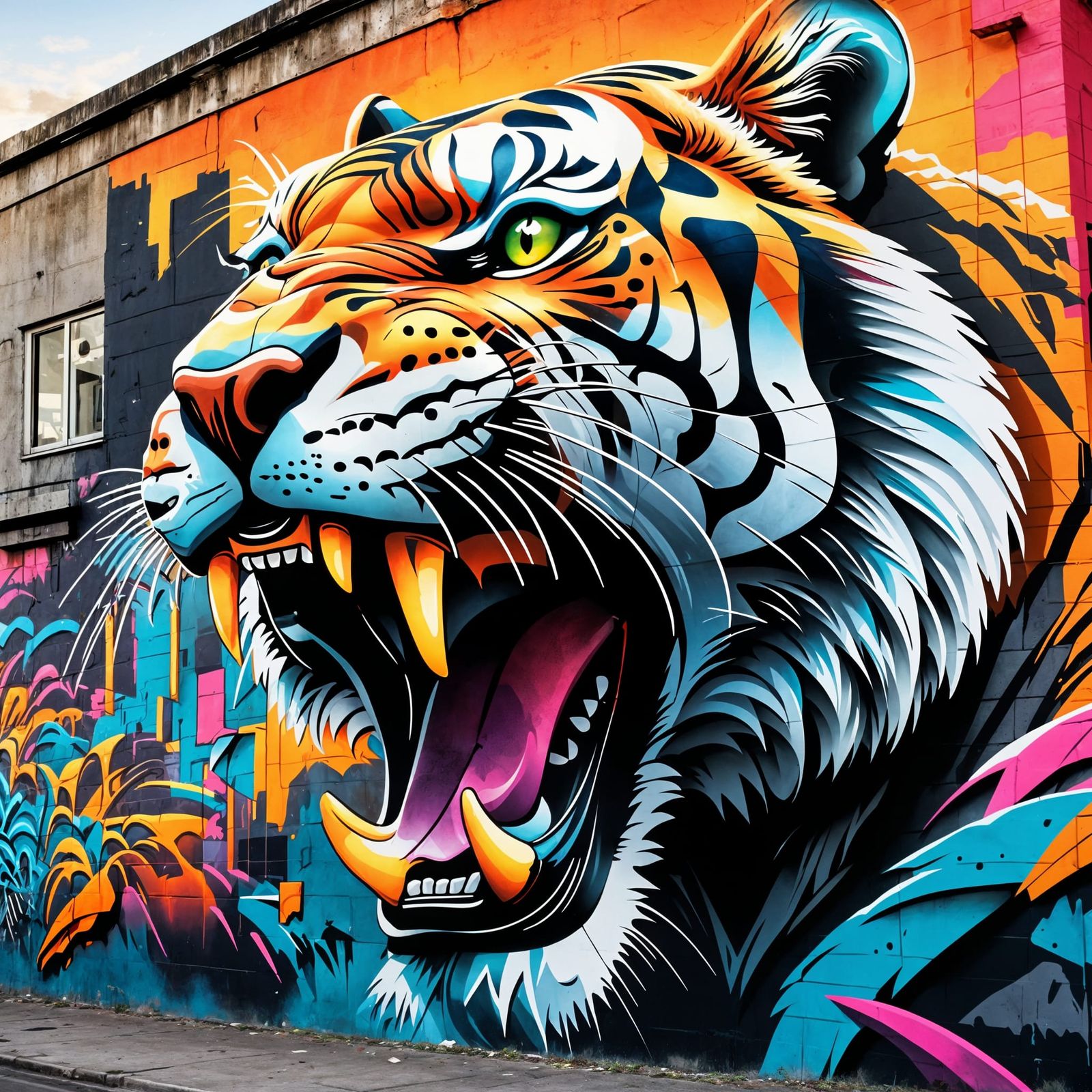 Neon Saber-tooth Tiger Street Art in Sunset Colors