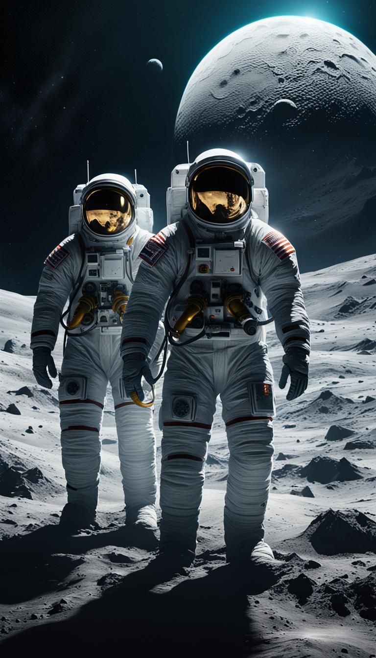 Astronauts on the Moon in Detailed Digital Painting