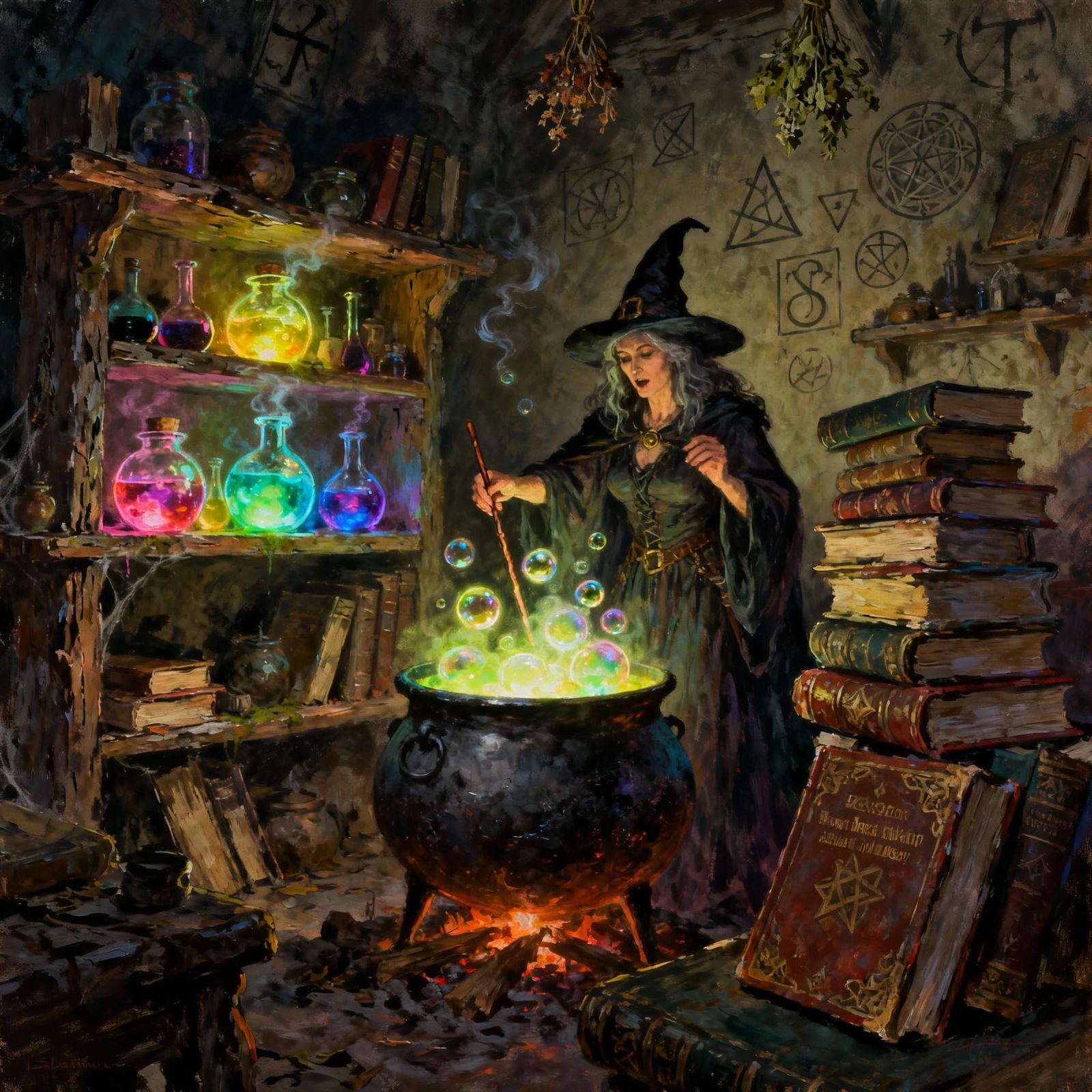 Mystical Witch's Study with Glowing Potions in Dark Fantasy ...