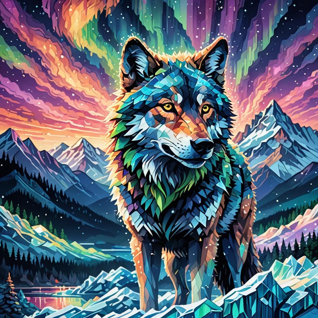 Icy Northern Lights Wolf in Pixel Art