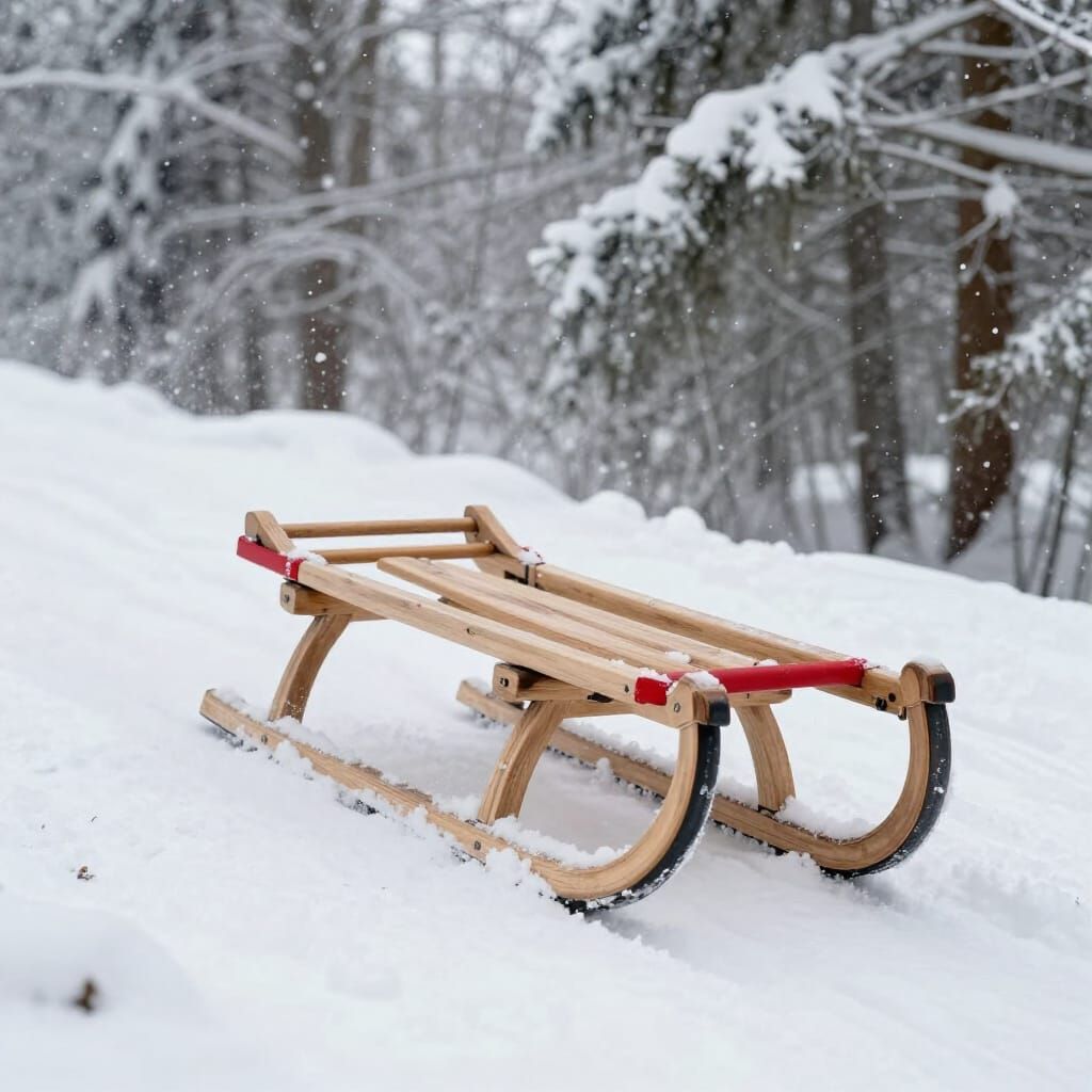 Classic Toboggan Glides Down Snowy Hill in Winter Forest