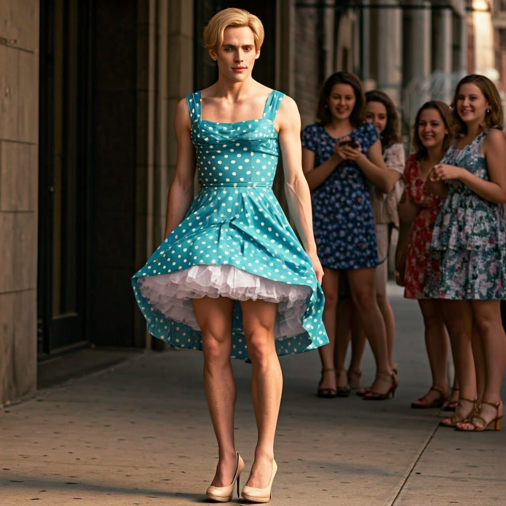 Elegant Young Man in 1950s-Inspired Polkadot Minidress