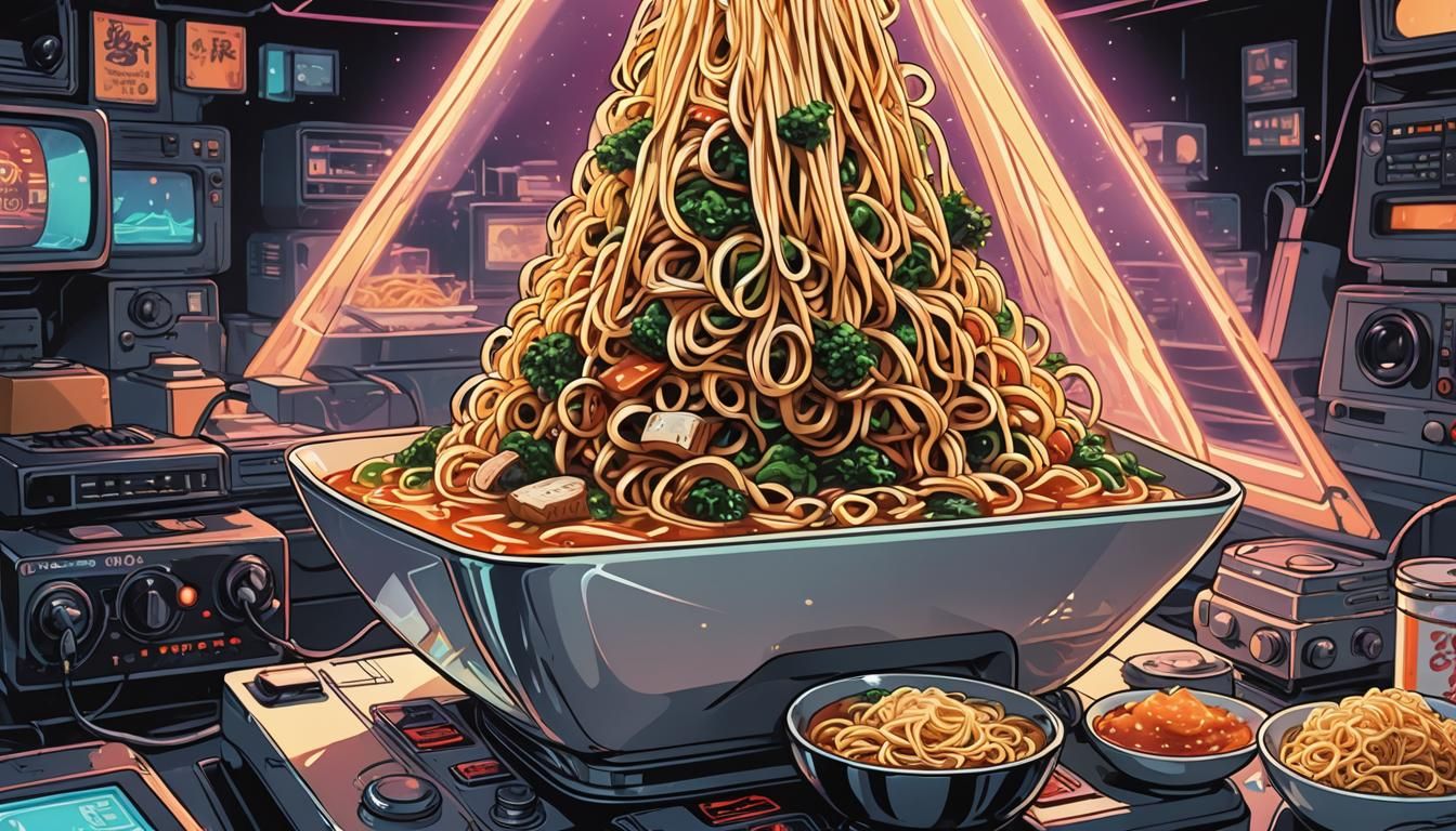 Retro-Futuristic Sci-Fi: Glowing Noodle Pyramid