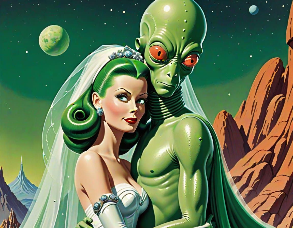 Retro-Futuristic Bride and Alien Groom on Distant Planet