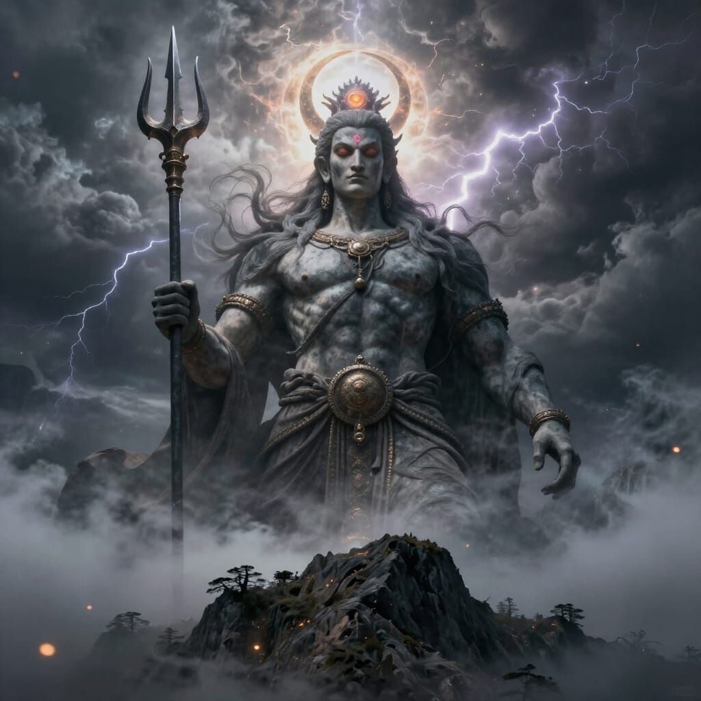 Giant Ascetic God on Mountain Peak in Dramatic Lighting