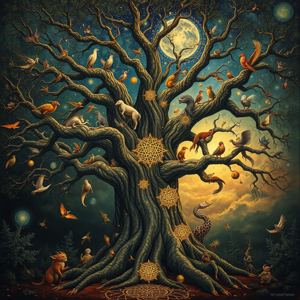 Psychedelic Tree of Folklore with Sacred Geometry