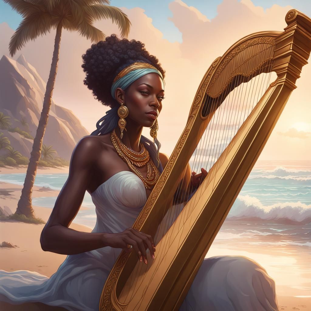 African Goddess Plays Harp on Beach: Artstation Portrait