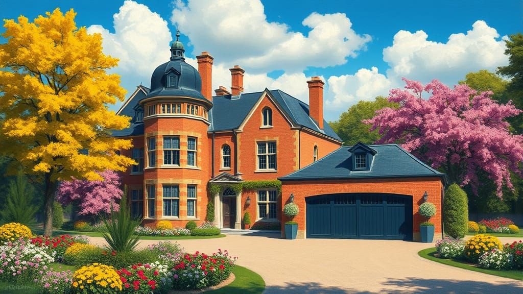Elegant Brick Chateau Amidst Vibrant Garden in Painterly Sty...