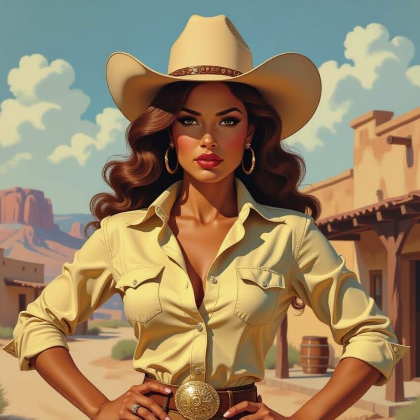 Fierce Cowgirl Outside Cantina in Neo-Primitivism Style