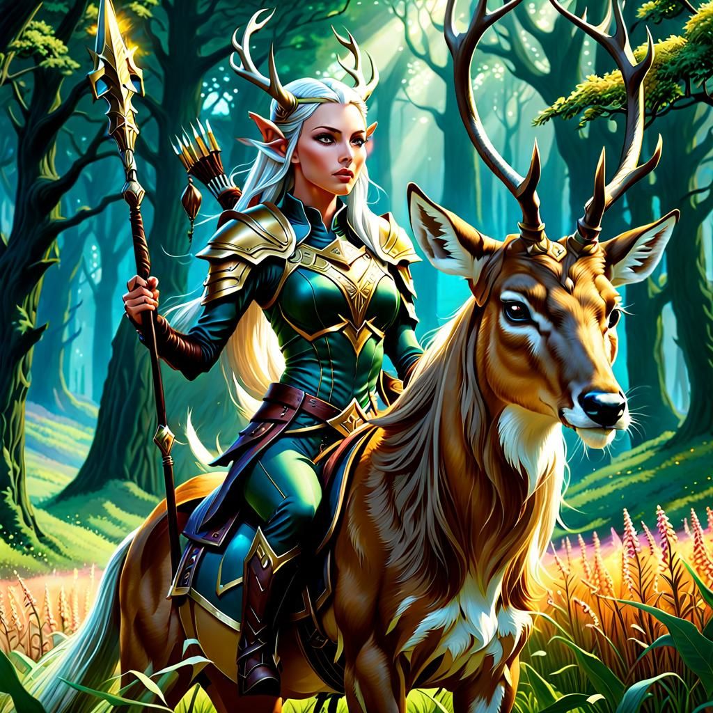 Enchanted Huntress on Deer in Dark Fantasy Field