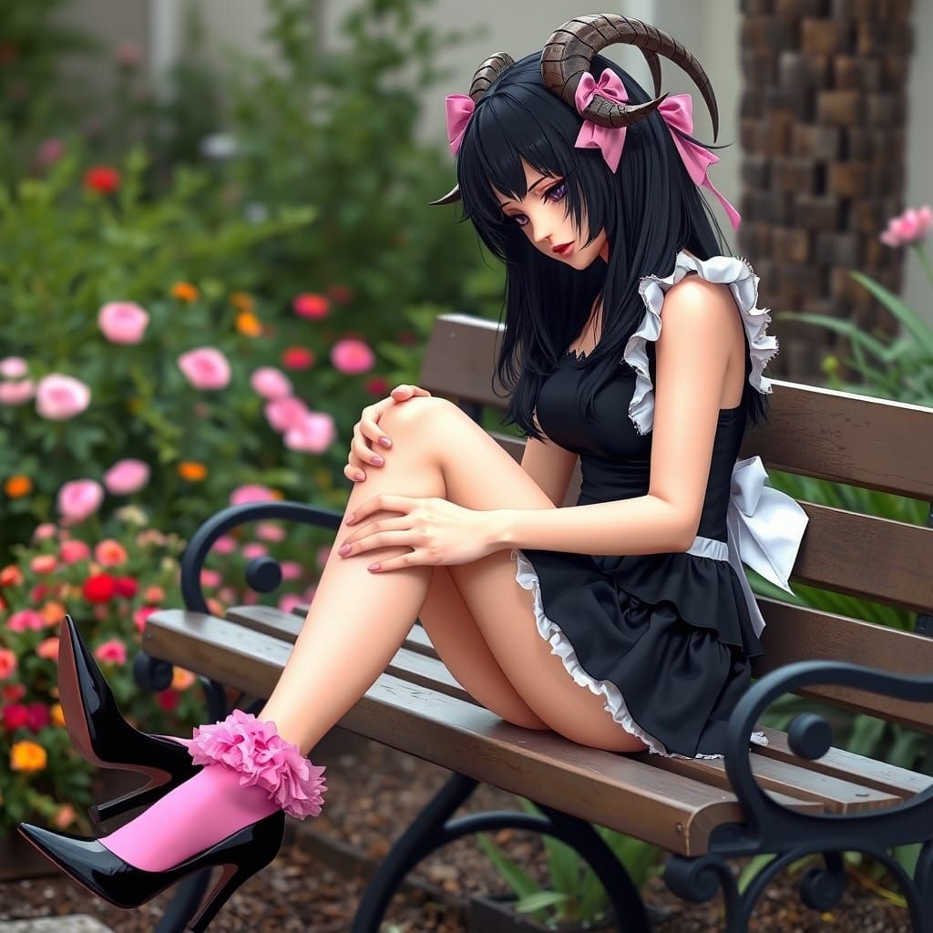 Goatfolk Maid Taking Off Heels in Garden