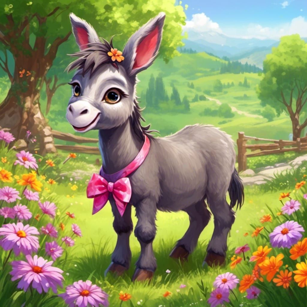 Chibi Donkey in Vivid Meadow with Sunset
