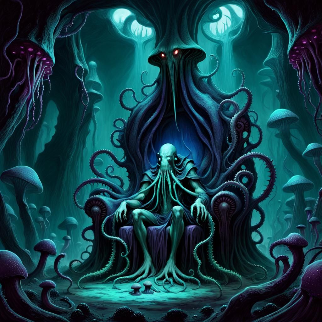 Illithid on a Throne in a Dark Cavern