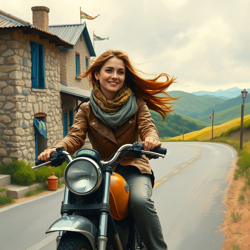 Woman Rides Vintage Motorcycle Through Idyllic Countryside