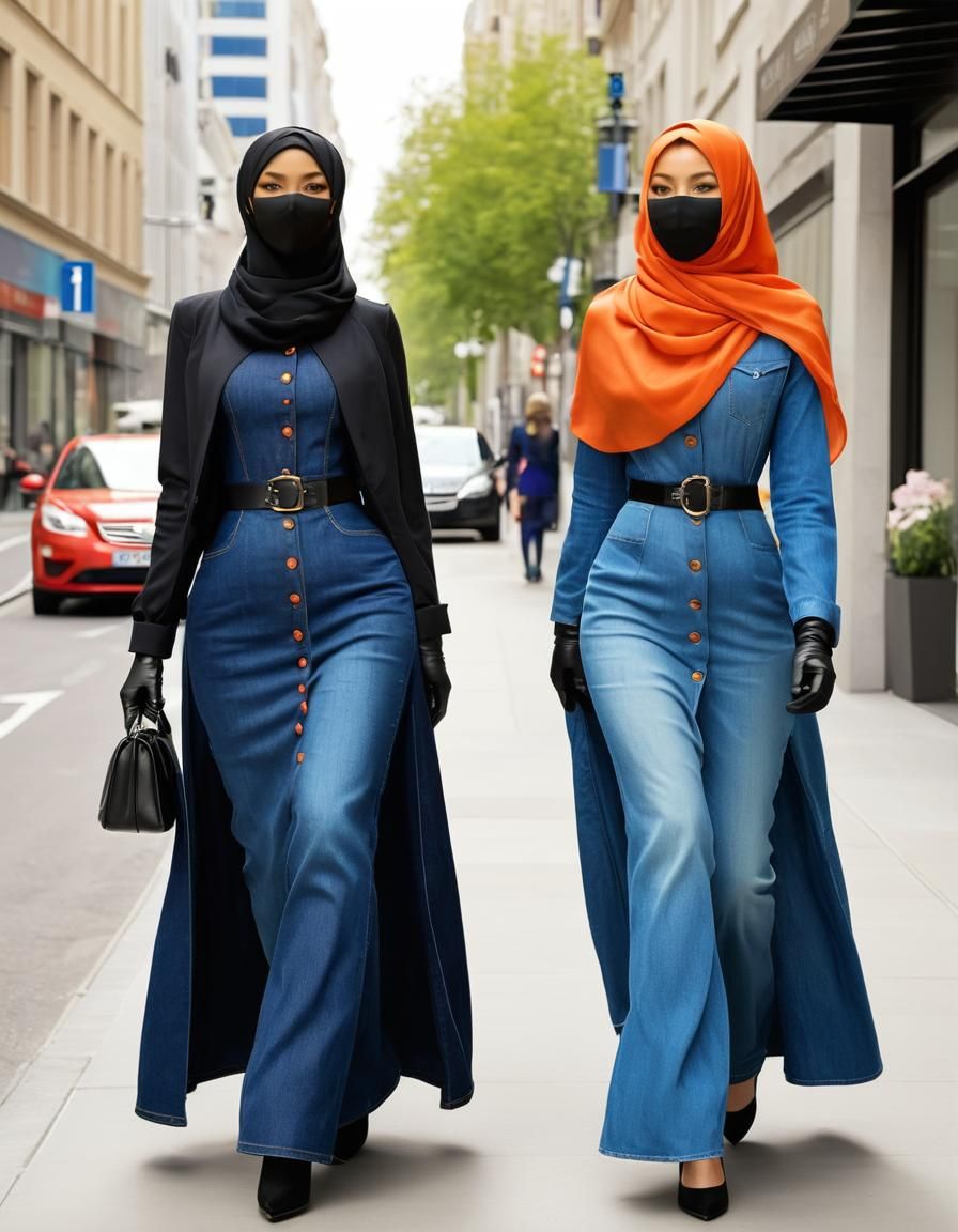 Two Modestly Dressed Women Strolling Through a City