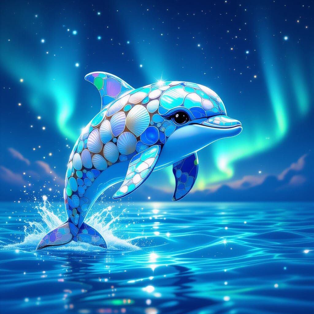 Iridescent Seashell Dolphin in Holographic Astral Illustrati...
